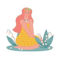 Young woman sitting surrounded by lilies of the valley on a lawn. Cute girl in summer dress with small white flowers. Flat hand drawn cartoon vector illustration.
