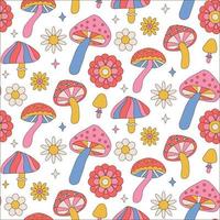 Seamless pattern with retro 70s mushrooms, daisy flowers and sparkles. Summer simple abstract minimalist fungi. 60s vintage style plants. Colorful psychedelic background. Vector illustration.