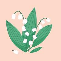 Lily of the valley flower on pastel beige background. White Spring Flower. Flat hand drawn cartoon vector illustration.