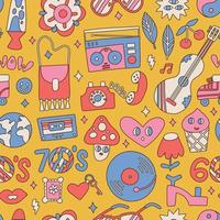 Seamless pattern with many hippie elements in retro 70s style on a yellow background. Psychedelic funny stuff. Vector illustration modern trend.