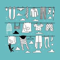Many pure clothes and things hanging on the rope after laundry. Doodle hand drawn linear vector illustration.
