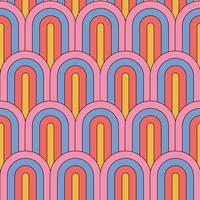 Retro summer 70s rainbow stripes seamless pattern. Retrowave 80s art retro background. Striped arches in groovy 1970s style. Abstract geometric vector illustration..