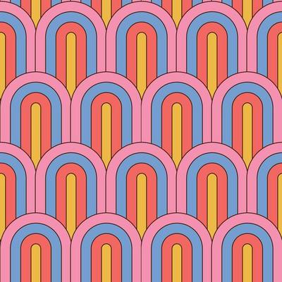 Retro summer 70s rainbow stripes seamless pattern. Retrowave 80s art retro background. Striped arches in groovy 1970s style. Abstract geometric vector illustration..