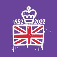 Urban graffiti for Queen. Platinum Jubilee 1952-2022 with British flag and crown. Ready greeting card for celebrate. Design for banner, sticker, brochure. Vector textured hand drawn illustration.