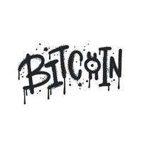 Isolated spray graffiti Bitcoin word. Sprayed urban wall art text with overspray in black over white background. Hand drawn vector illustration.