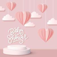 Baby shower greeting card for little girl on pink sky with 3d paper cut hearts and clouds. Realistic Cylinder podium with copy space for baby s photos. Vector Cute backdrop for newborn
