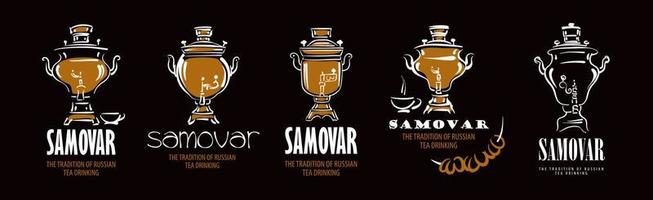 un conjunto de logotipos vectoriales samovar sobre un fondo negro vector