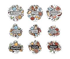 Drawn sets of products for breakfast, lunch and dinner vector
