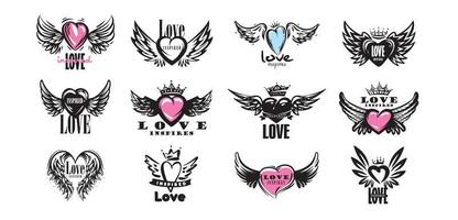 A set of drawn vector illustrations of hearts and wings on a white background