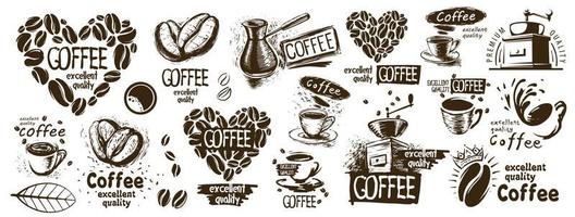 Large vector set of drawn logos and coffee elements