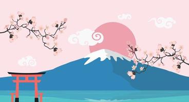 Pink floral branch With Fuji Mountain Background vector