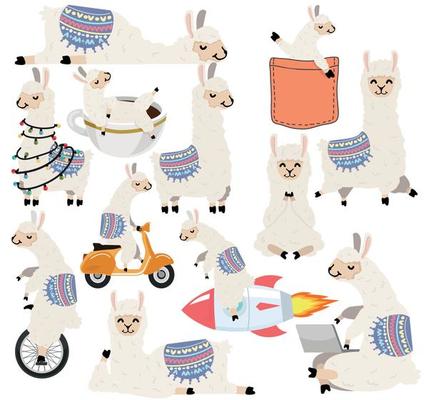 Cute Cartoon llama and alpaca character collection