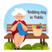 Grandmother knitting at park on bench. Knitting day on public. Concept of cozy activity, handmade, hobby. World wide knite in public day. vector