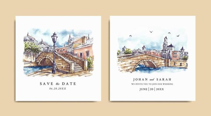 Watercolor wedding invitation of stone bridge and lamp post