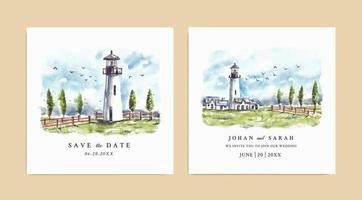 Watercolor wedding invitation of nature landscape with lighthouse and fence vector