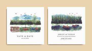 Wedding invitation with reflection of pine forest and boat in lake watercolor vector