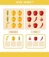 How many cartoon vegetables. Counting game. Educational game for pre shool years kids and toddlers vector