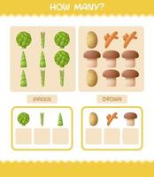 How many cartoon vegetables. Counting game. Educational game for pre shool years kids and toddlers vector