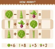 How many cartoon vegetables. Counting game. Educational game for pre shool years kids and toddlers vector