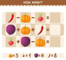 How many cartoon vegetables. Counting game. Educational game for pre shool years kids and toddlers vector