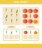 How many cartoon vegetables. Counting game. Educational game for pre shool years kids and toddlers vector