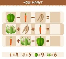 How many cartoon vegetables. Counting game. Educational game for pre shool years kids and toddlers vector