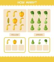 How many cartoon vegetables. Counting game. Educational game for pre shool years kids and toddlers vector