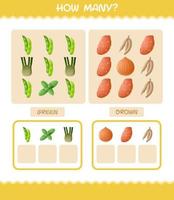 How many cartoon vegetables. Counting game. Educational game for pre shool years kids and toddlers vector