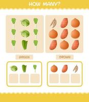 How many cartoon vegetables. Counting game. Educational game for pre shool years kids and toddlers vector