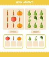 cuántas verduras de dibujos animados. juego de conteo juego educativo para niños de edad preescolar y niños pequeños vector