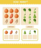 How many cartoon vegetables. Counting game. Educational game for pre shool years kids and toddlers vector