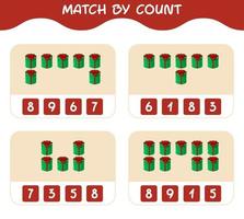 Match by count of cartoon gift box. Match and count game. Educational game for pre shool years kids and toddlers vector