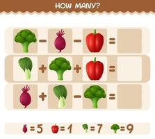 How many cartoon vegetables. Counting game. Educational game for pre shool years kids and toddlers vector