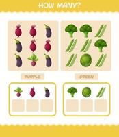 How many cartoon vegetables. Counting game. Educational game for pre shool years kids and toddlers vector