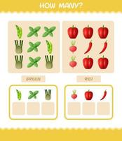 How many cartoon vegetables. Counting game. Educational game for pre shool years kids and toddlers vector