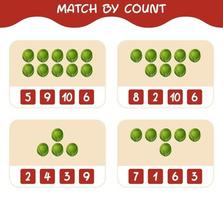 Match by count of cartoon brussels sprout. Match and count game. Educational game for pre shool years kids and toddlers vector