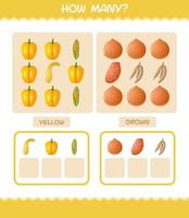 How many cartoon vegetables. Counting game. Educational game for pre shool years kids and toddlers vector