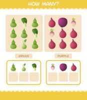 cuántas verduras de dibujos animados. juego de conteo juego educativo para niños de edad preescolar y niños pequeños vector