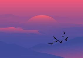 graphics drawing Landscape view sunset or sunrise win mountain background vector Illustration