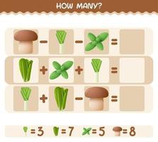 How many cartoon vegetables. Counting game. Educational game for pre shool years kids and toddlers vector