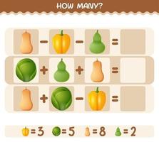 How many cartoon vegetables. Counting game. Educational game for pre shool years kids and toddlers vector