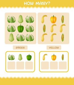How many cartoon vegetables. Counting game. Educational game for pre shool years kids and toddlers vector