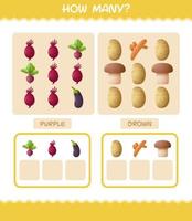 How many cartoon vegetables. Counting game. Educational game for pre shool years kids and toddlers vector