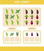 How many cartoon vegetables. Counting game. Educational game for pre shool years kids and toddlers vector