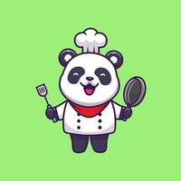 Cute Panda Chef Holding Pan And Spatula Cartoon Vector Icon Illustration. Animal Pofession Icon Concept Isolated Premium Vector. Flat Cartoon Style