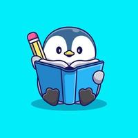 Cute Penguin Writing With Book And Pencil Cartoon Vector Icon Illustration. Animal Education Icon Concept Isolated Premium Vector. Flat Cartoon Style