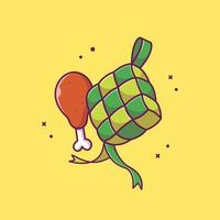 ketupat con ilustración de icono de vector de dibujos animados de pollo frito. concepto de icono de comida ramadhan vector premium aislado. estilo de dibujos animados plana