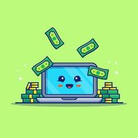 Cute Laptop With Money Cartoon Vector Icon Illustration. Financial Technology Icon Concept Isolated Premium Vector. Flat Cartoon Style