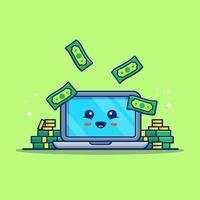 lindo portátil con ilustración de icono de vector de dibujos animados de dinero. concepto de icono de tecnología financiera vector premium aislado. estilo de dibujos animados plana