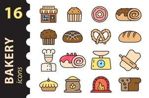 Bakery icon set in color. Linear symbols in vector in a flat style.